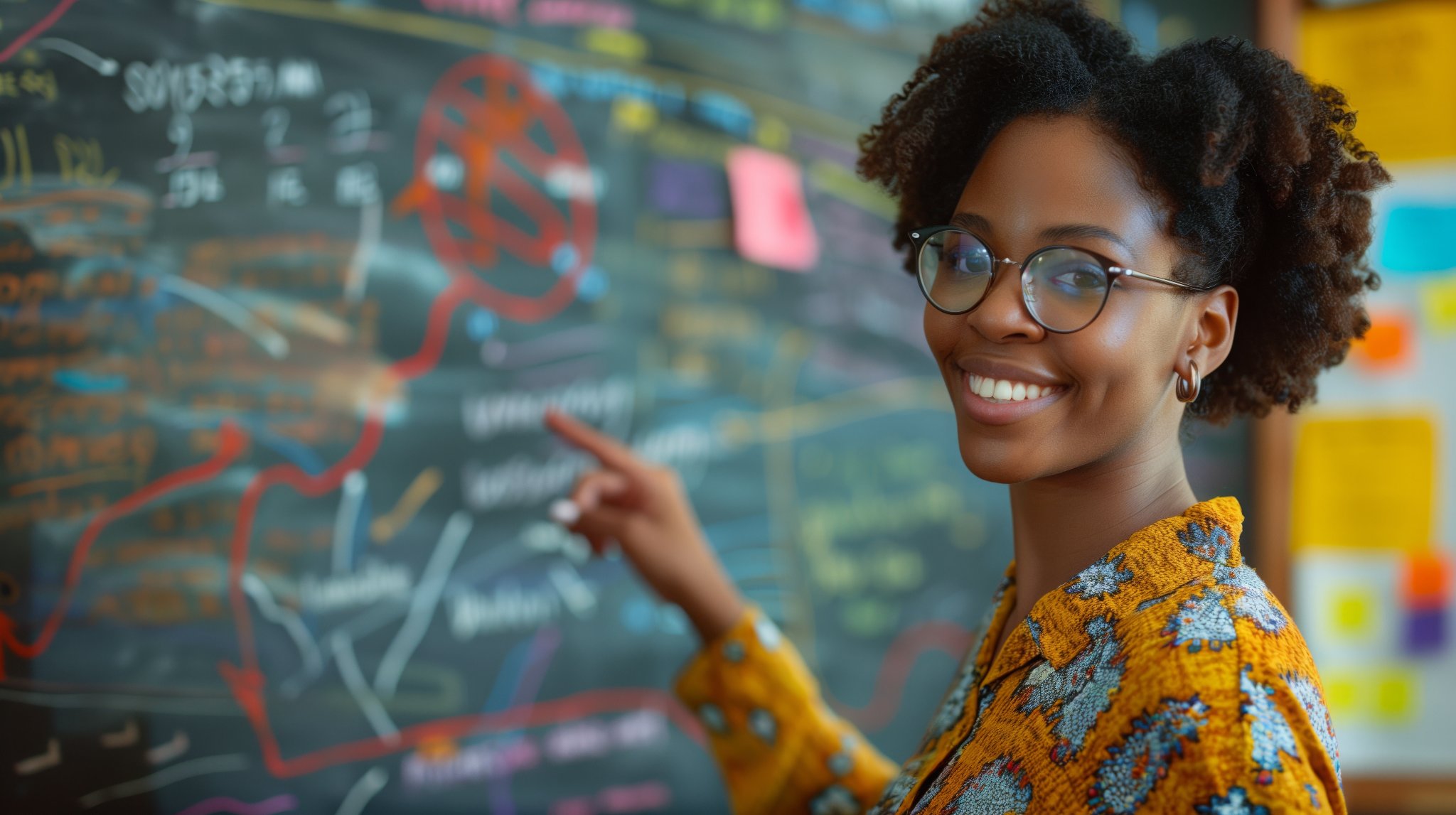 Black woman scholar presenting at a chalkboard